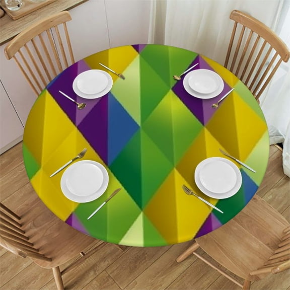 HAOXIT Mardi Gras Tablecloth, Hand Writing Calligraphy Design on Pattern Iconic Colors, Round Table Cover for Dining Room Kitchen Decor