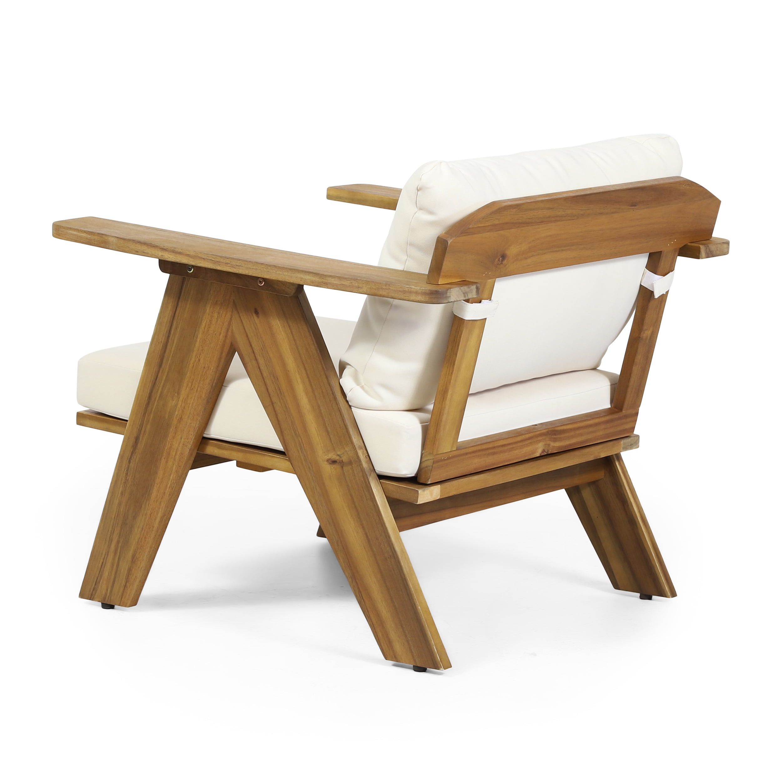 Outdoor Cushioned Single Chair Set of 2, Acacia Wood Frame Relaxing Seats for Patio Garden, Teak and Beige