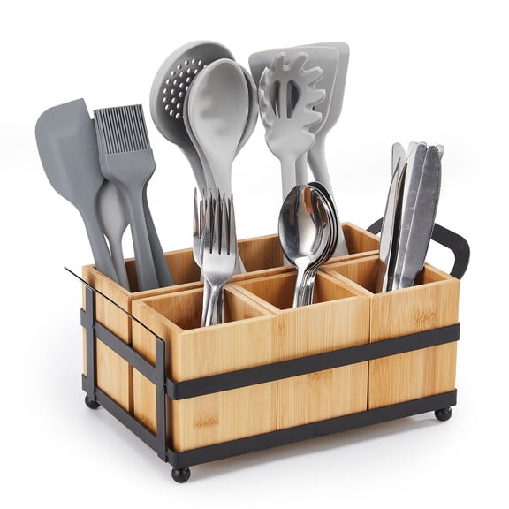 Bam-boo Utensil Holder with Drainage, 4 Compartment Kitchen Organizer Rack, Detachable Wooden Utensil Caddy for Countertop Storage, Spoon, Spatula & Cooking Tools