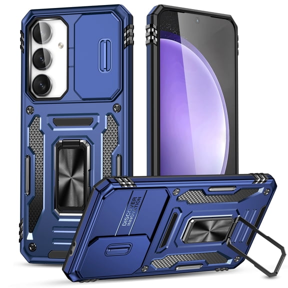 ELEHOLD Heavy Duty Rugged Case for Samsung Galaxy S25 FE with Sliding Camera Lens Cover ,Magnetic Metal Ring Holder Kickstand Shockproof Drop-Protection Case,Navyblue