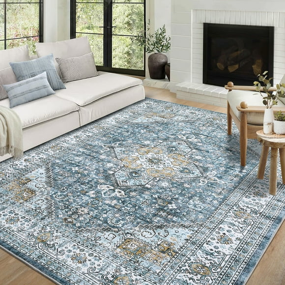 Garvee Tapis Vintage Usé 5'x7' pour Salon, Tapis Lavable à Médaillon Rétro Antidérapant et Résistant aux Taches pour Intérieur Chambre Bureau à Domicile, Bleu