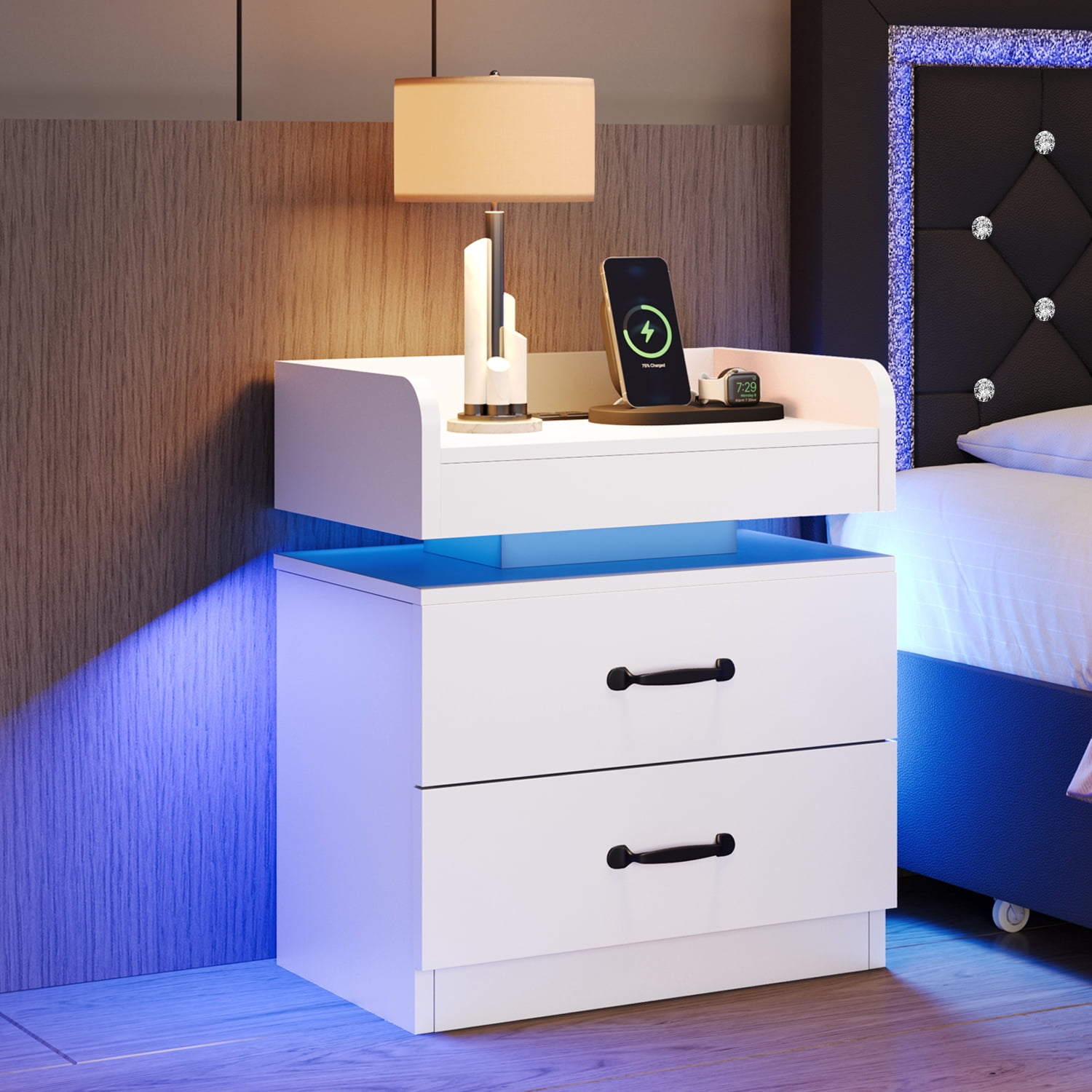 4 EVER WINNER Nightstand Set of 2 with Charging Station, LED Night Stand with 2 Drawers, Modern Beside End Table Side Table for Bedroom Living, White