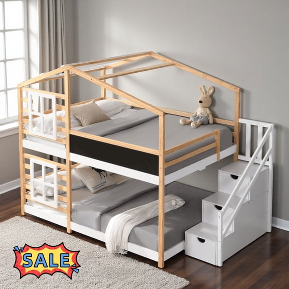 Tcbosik Full over Full Size Bunk Bed with Storage Stairs, House Shaped Bed Frame with Blackboard, Roof and Window for Bedroom, White Natural
