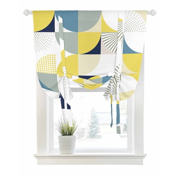 Yellow Geometric Tie Up Curtains for Window, Thermal Insulted Balloon Shade Adjustable Rod Pocket Curtains Valance Panels for Kitchen Bathroom Cafe 52 x 45 Middle Century Modern Abstract Art