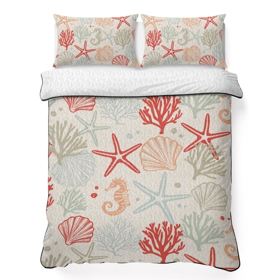 Twin XL Quilt Set 68''x98'', Red Orange Coastal Lightweight Bedspread Coverlet with 2 Pillow Shams, Summer Beach Starfish Coral Nautical Rustic Breathable All Season Quilt Bedding for Dorm/Guest Room
