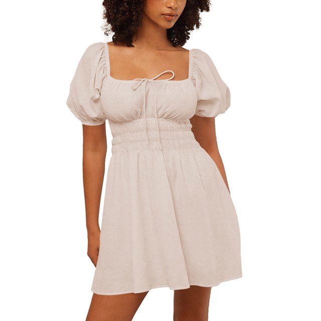 Gibobby Vestido de gasa de verano para mujer Vestido de cuello cuadrado de manga de verano para mujer Vestido de moda casual de sentido francés(Beige,XL)