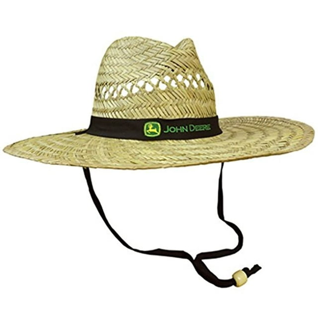 John Deere Brand Black Straw Hat with Neck Strap