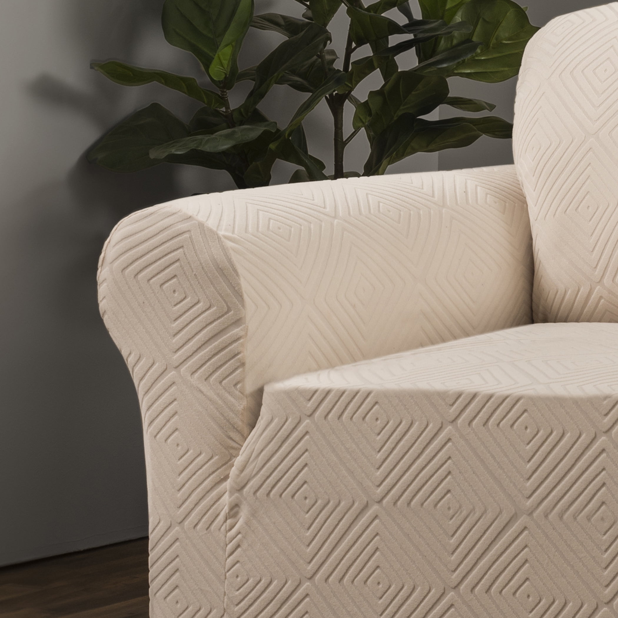 Stretch Sensations 1-Piece Stretch Shapely Diamond Loveseat Slipcover, Ivory