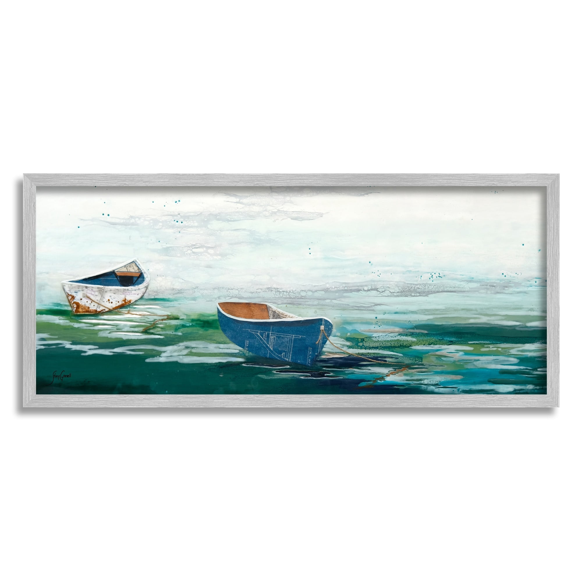 Stupell Industries Panoramic Ocean Waves Two Drifting Rowboats Scene Painting Gray Framed Art Print Wall Art, Design by Stacy Gresell