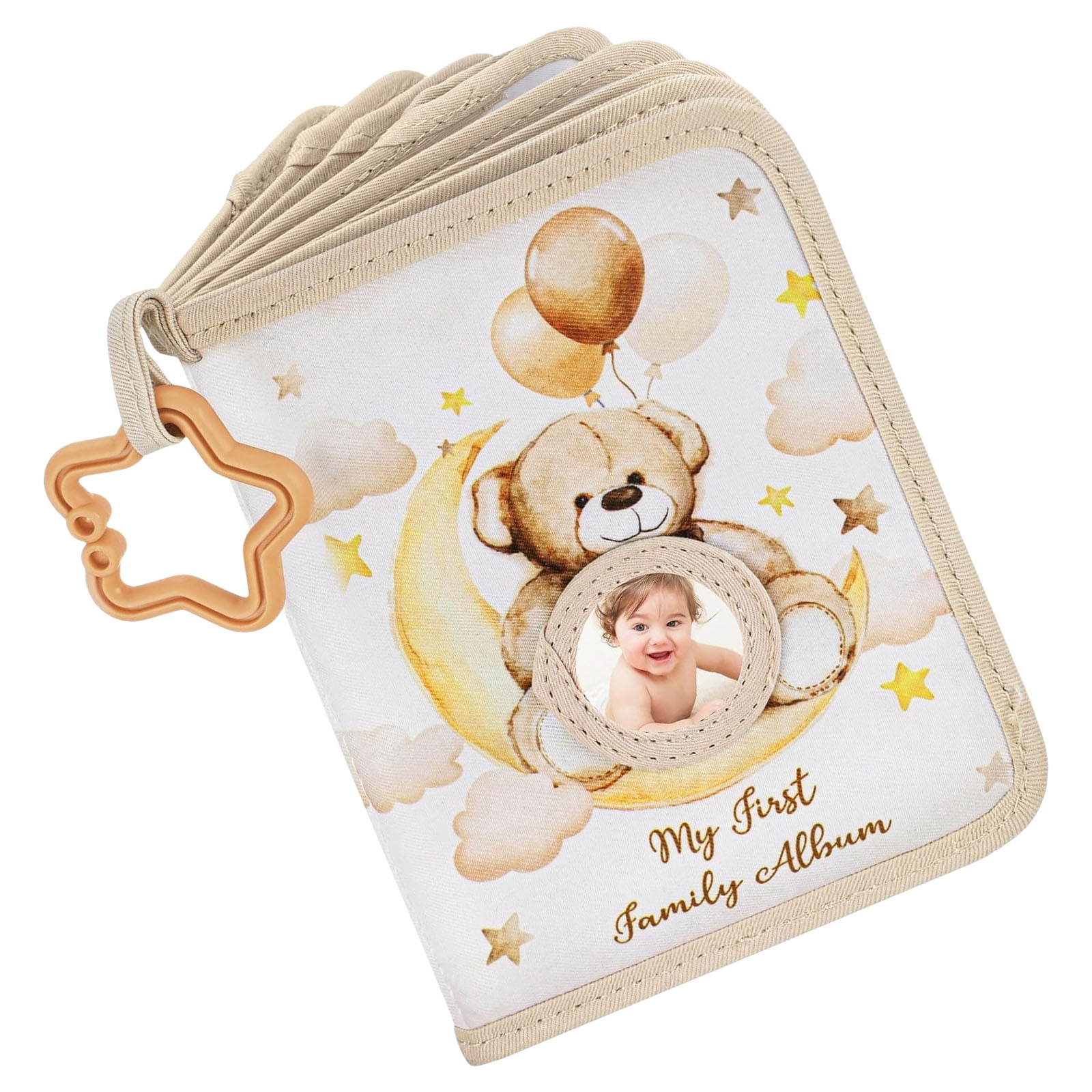 Baby Memory Photo Album with Safe Mirrored and Star Teether Rings Bear Pattern Picture Book for Infant Photography Album
