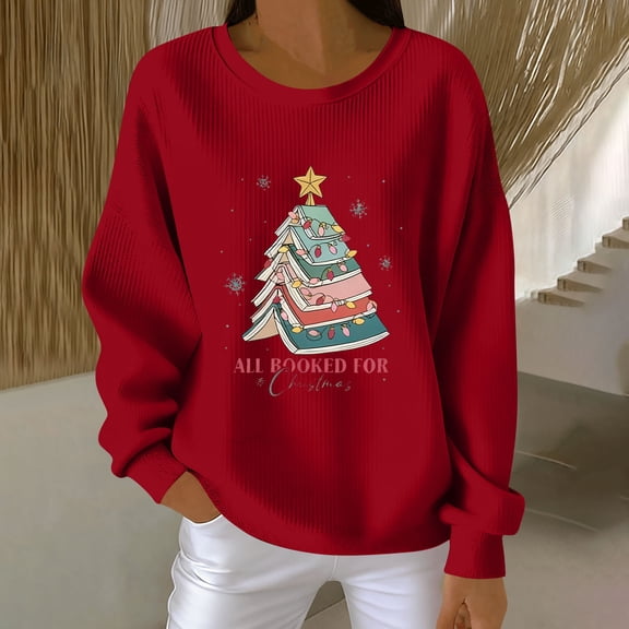 GuzomFashion Womens Christmas Book Themed Festive Sweatshirt - "All Booked For Christmas" Loose Crewneck Long Sleeve Polyester Spandex Red Plus Size S-XXXXXL,Size 2XL