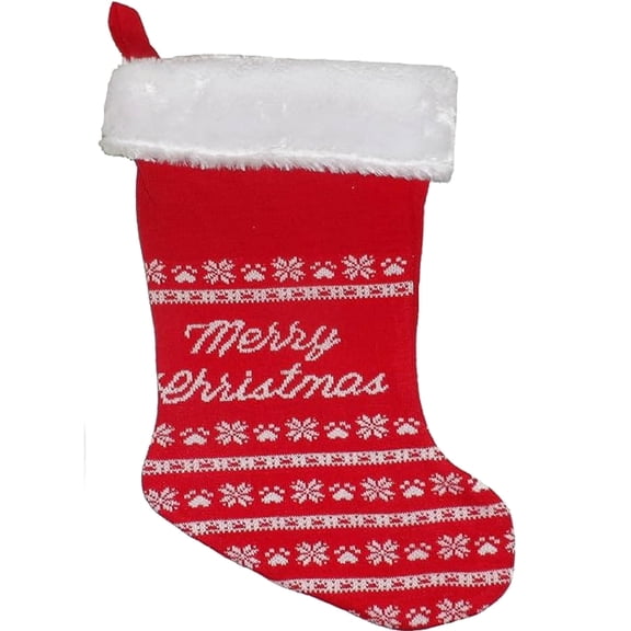 Time for Joy Fair Isle Red Dog Paw / Snowflake Christmas Stocking Pet Christmas (12")