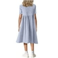 thumbnail image 5 of BRGZLK Kids Girls Summer Dresses Trendy Solid Color Short Sleeve Round Neck Imitation Linen Dress Flowy A-Line Dress Light Blue 5-6 Years, 5 of 7