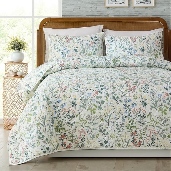 100% Cotton Quilt Set Bedspreads Lightweight Coverlet Sets Garden Style Floral Bedding Set with Pillowcases for All Season, Exquisite, Ultra Soft