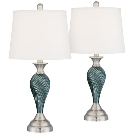 Regency Hill Modern Table Lamps Set of 2 Green Blue Glass Twist Column Steel Base Empire Shade for Living Room Family Bedroom