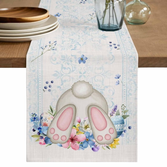 Table Runner 108 Inches Long for Kitchen Dining, Vintage Easter Dresser Scarf Farmhouse, Dining Table Decorations for Wedding/Parties, Spring Floral Bunny Blue Plaid Retro Art 13 x 108 In