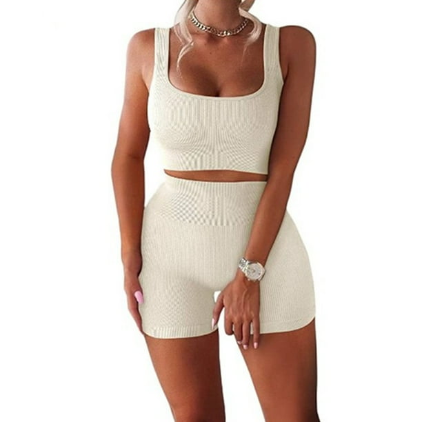 Eigraketly 2 unids/set Jogging ejercicio mujer chaleco pantalones cortos poliéster transpirable Crop Tops pantalones de cintura alta Kit ropa Uniforme atlético Blanco XL