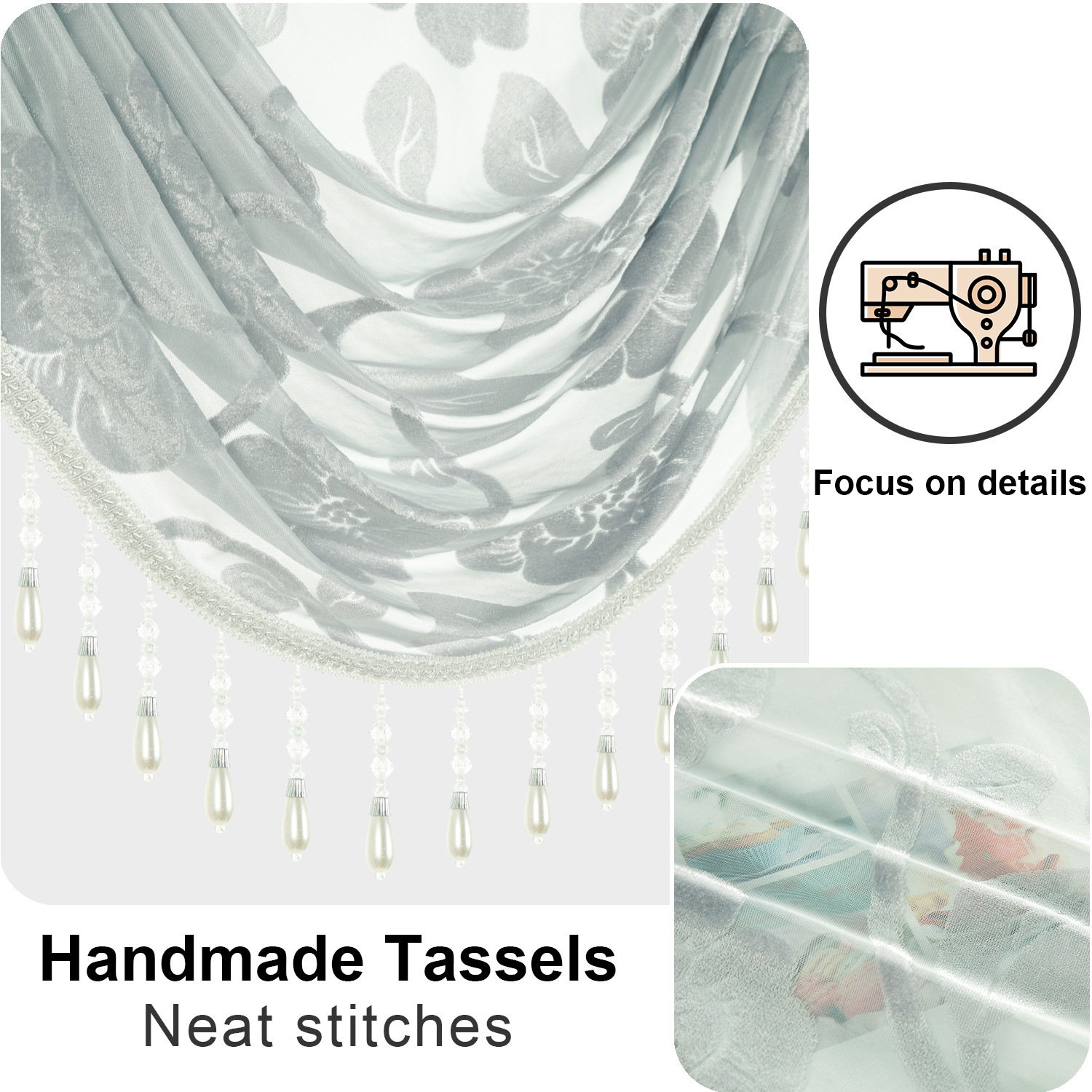 VOGOL Gray Beaded Floral Jacquard Waterfall Valance, Extra Wide Sheer Curtain, 43x138 inches, Modern Farmhouse Window Decor