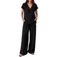 thumbnail image 3 of Women's V Neck Short Sleeve Top & Wide Leg Pants Set, Soft Nylon Spandex Loungewear, Casual 2 Piece Outfit with Stretchy Waist, for Relaxed Days, Work from Home, or | TruBelle,Black L, 3 of 8
