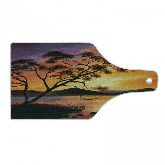 Country Cutting Board, Picture of Old Tree Bending over River with Mountain Landscape at Sunset, Tempered Glass Cutting and Serving Board, Wine Bottle Shape, Burnt Orange Purple, by Ambesonne