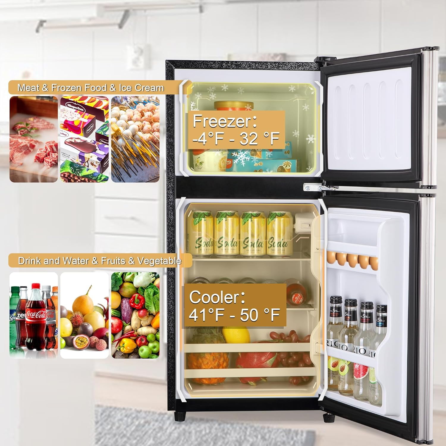 Kcpolre Mini Fridge with Freezer, 3.0 Cu.ft Small Refrigerator, 7 Adjustable Thermostat, Energy Saving, Low Noise, Double Door Compact Refrigerator for Dorm, Bedroom, Office - Silver
