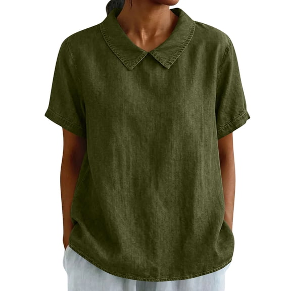 Womens Lapel Summer Tops, Short Sleeve Shirts for Women Fashion Loose Fit Denim Printed Crewneck T-Shirts