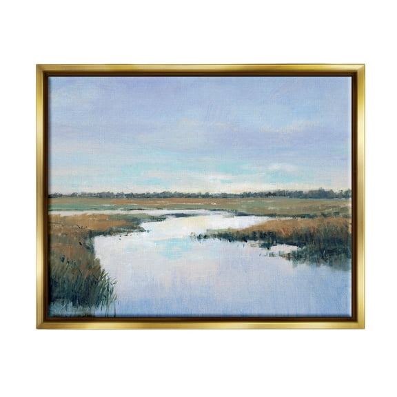 Stupell Industries Rural River Horizon Landscape Painting Metallic Gold Floating Framed Canvas Print Wall Art, Design by Tim OToole