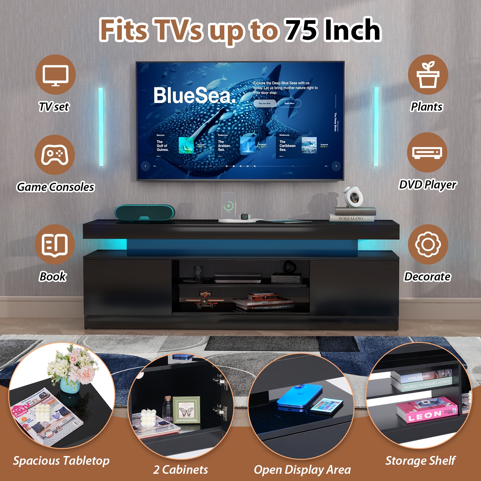 JOIVI LED TV Stand with Power Outlets, Modern High Gloss Entertainment Center for TVs Up to 75", TV Media Console with Storage, Black