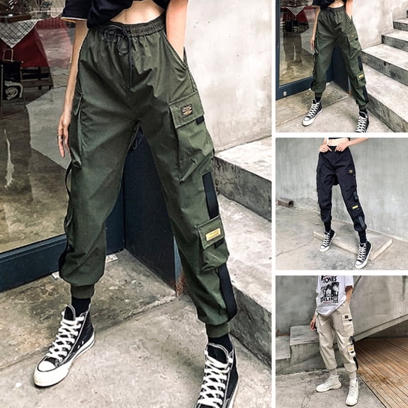 Joernso Women Cargo Pants Multi Pockets Loose Elastic Waist Casual Lady Trousers for Daily Wear