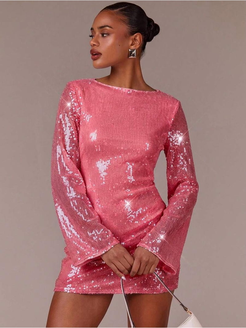 Hot Pink Sequin Flared Sleeve Mini Dress, Boat Neck, Body-Skimming, Evening Party Cocktail Dress