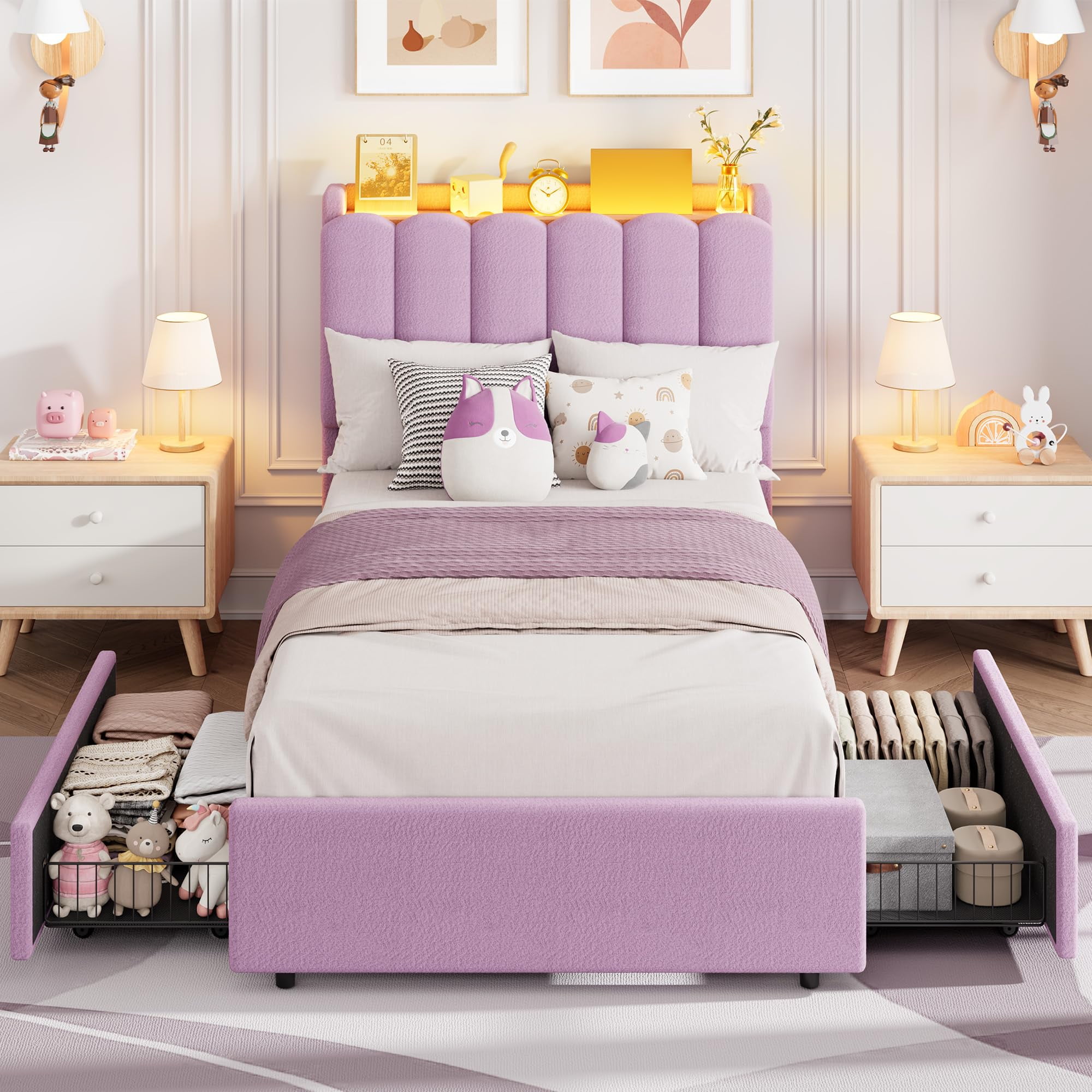 Bed Frame with 2 Storage Drawers, Upholstered Bed Frame Queen Size with LED Lights Headboard, No Box Spring Needed, Easy Assembly