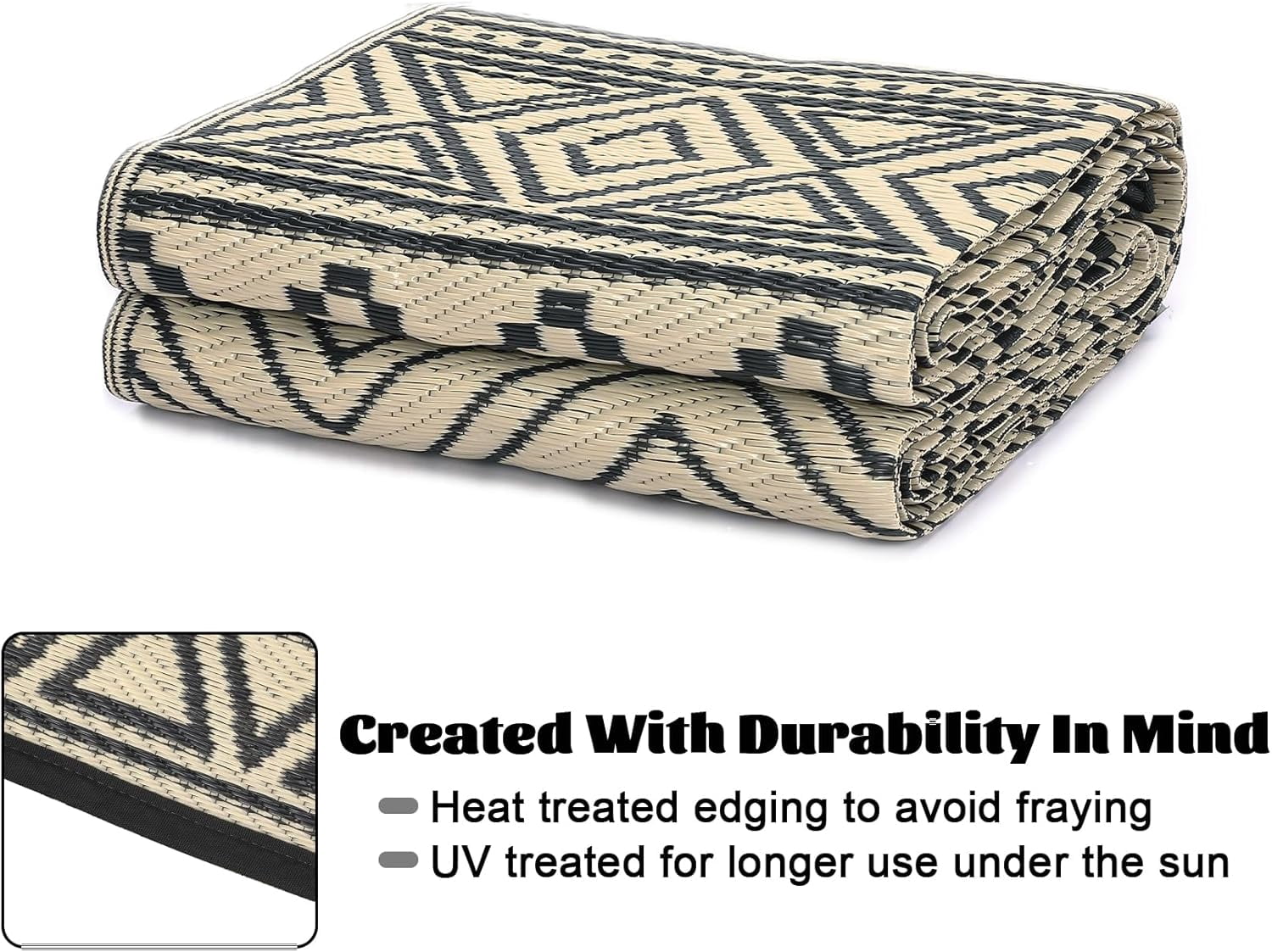 Twister.CK 9' x 12' Plastic Outdoor Rugs, Waterproof Bohemia Straw Rug Reversible Outside Carpet for Patio Deck Porch Backyard Camping Picnic Beach, Black & Brown