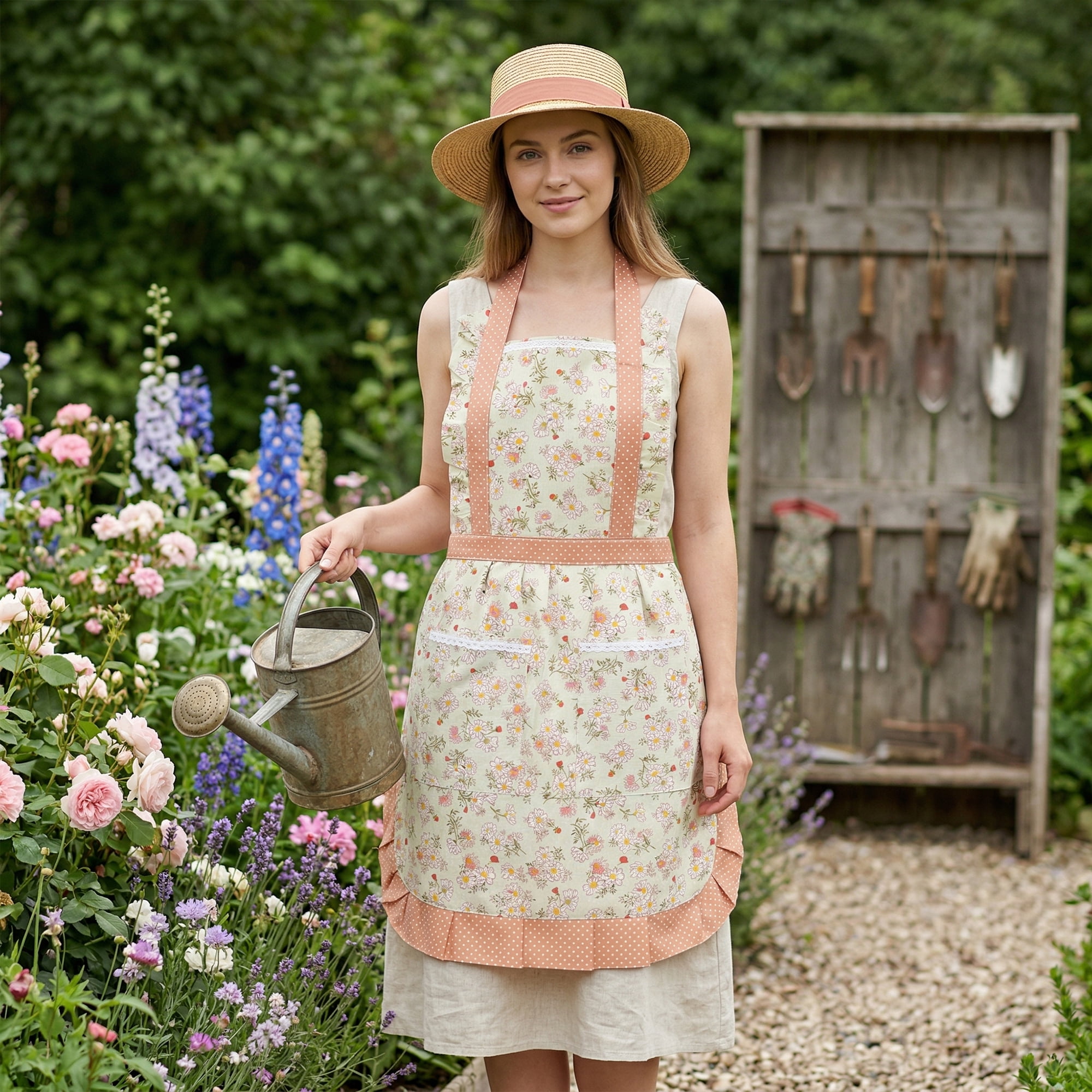 Unique Bargains Durable Floral Kitchen Apron with Pockets and Adjustable Tie Light Green