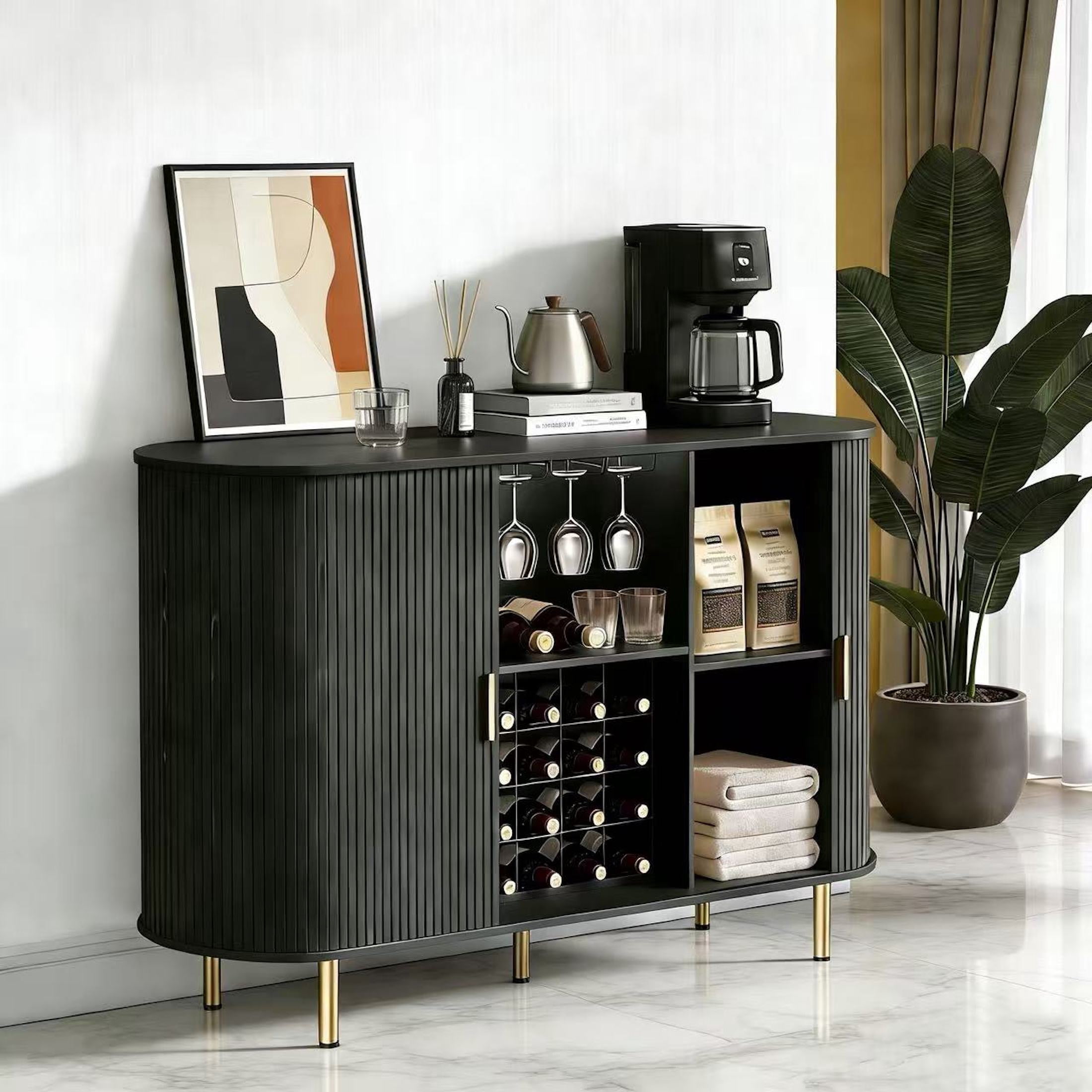 Aisword 55" Wine Bar Cabinet with Storage, Fluted Liquor Coffee Bar Cabinet with LED Lights, Buffet Sideboard, Black