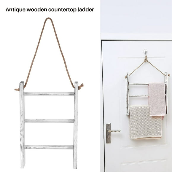 Wall-Hanging Towel Ladder Rustic Whitewashed Wood Countertop Ladder Farmhouse Decor Towels Rack with Adjustable Rope