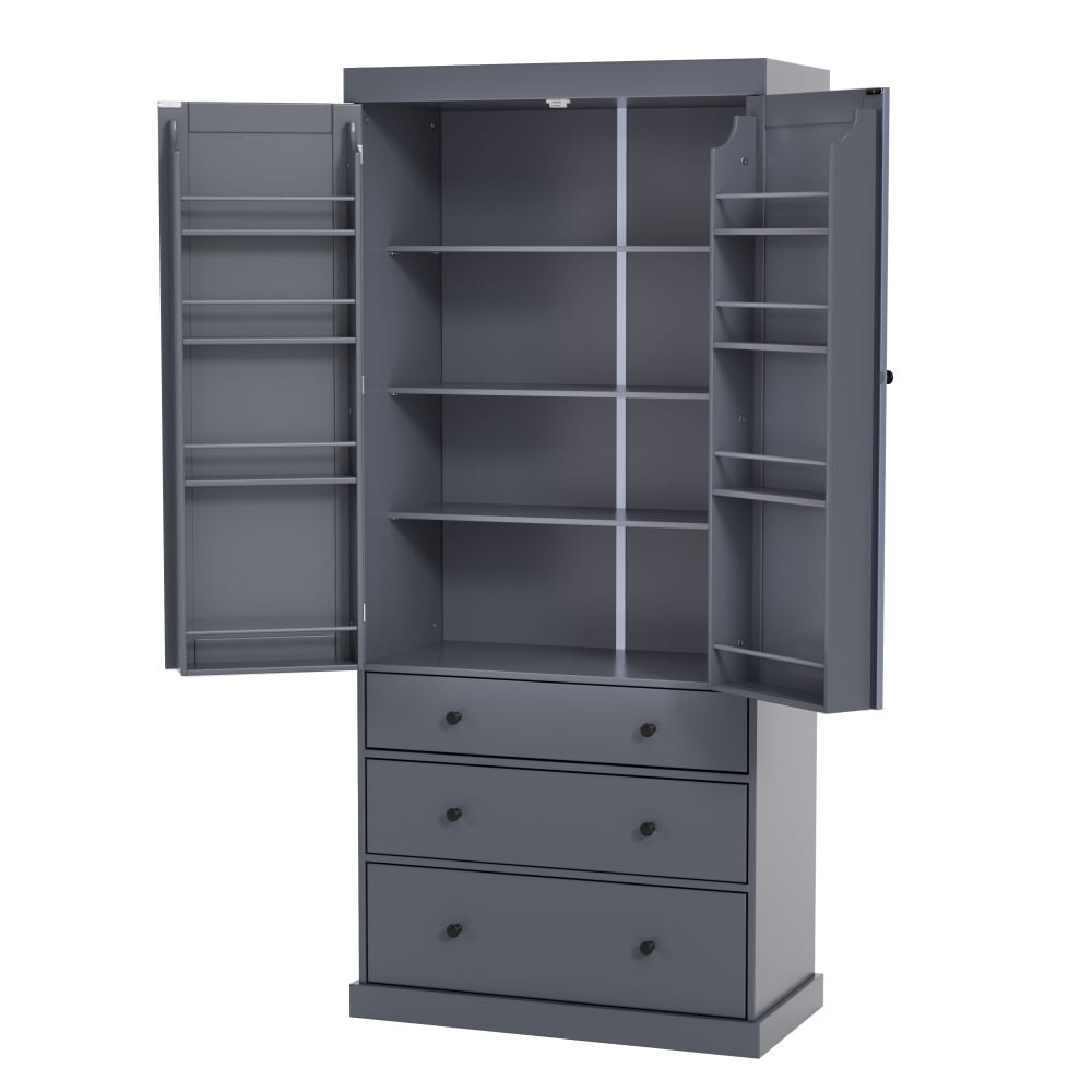 77" Farmhouse Kitchen Pantry - Freestanding Tall Cupboard Storage Cabinet with 3 Adjustable Shelves, 8 Door Shelves, 3 Drawers for Kitchen, Dining Room, Pantry Organization