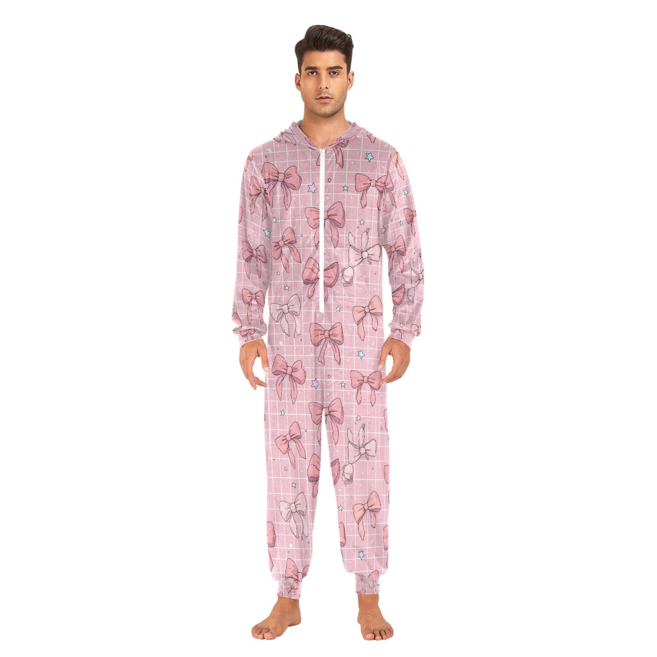 Adult Christmas Onesie Cute Pink Bow Adult Zipper One-Piece Pajamas Unisex Pajamas with Pockets