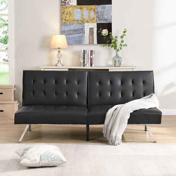 Aukfa Leather Futon Convertible Sofa for Home Office, Split Back, Space Save, Black