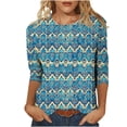 thumbnail image 2 of LYEAA 2025 Island Escape Tops Women 3/4 Sleeve Round Neck Floral Print Loose Fit Resort Blouse Summer Beach Holiday Casual Cotton Top Blue XXXL, 2 of 5