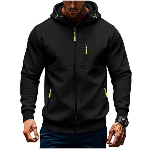 Hoodies for Men Zip Up Hooded Sweatshirt Lightweight Long Sleeve Jacket Workout Jackets with Zipper Pockets Black L