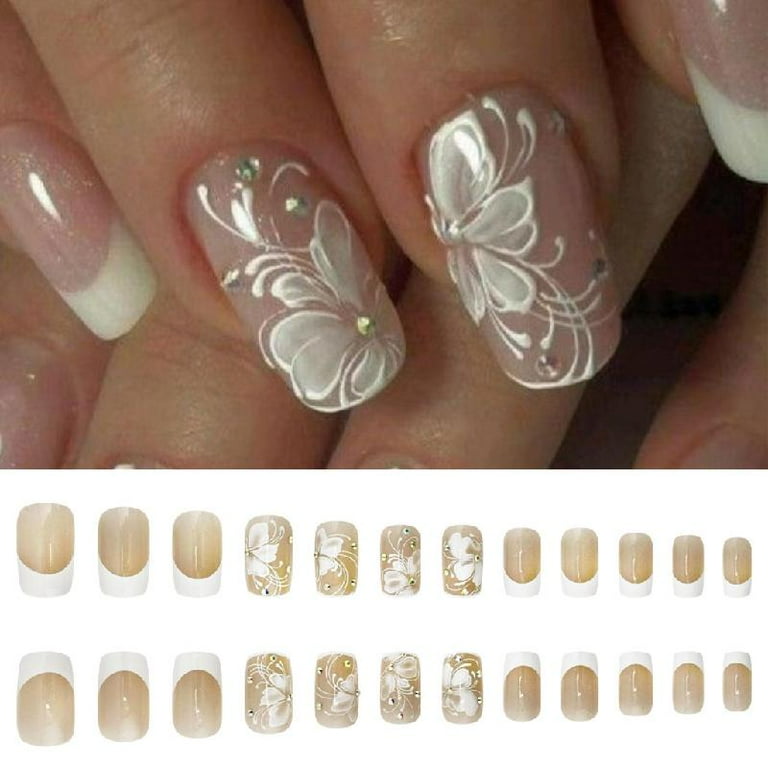 JZROCKER Square Press on Nails Designs Fake Nails Stick on Nails in 12 Sizes,24 Pcs French Nails Tips for DIYS Nails Decorations