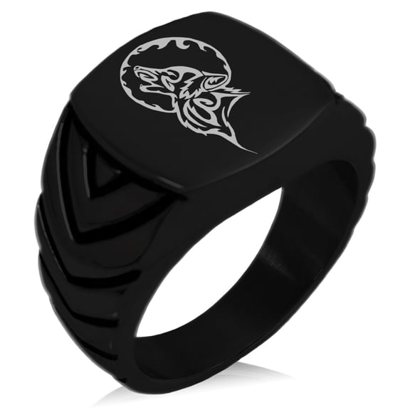 Stainless Steel Howling Mad Wolf Chevron Pattern Biker Style Polished Ring