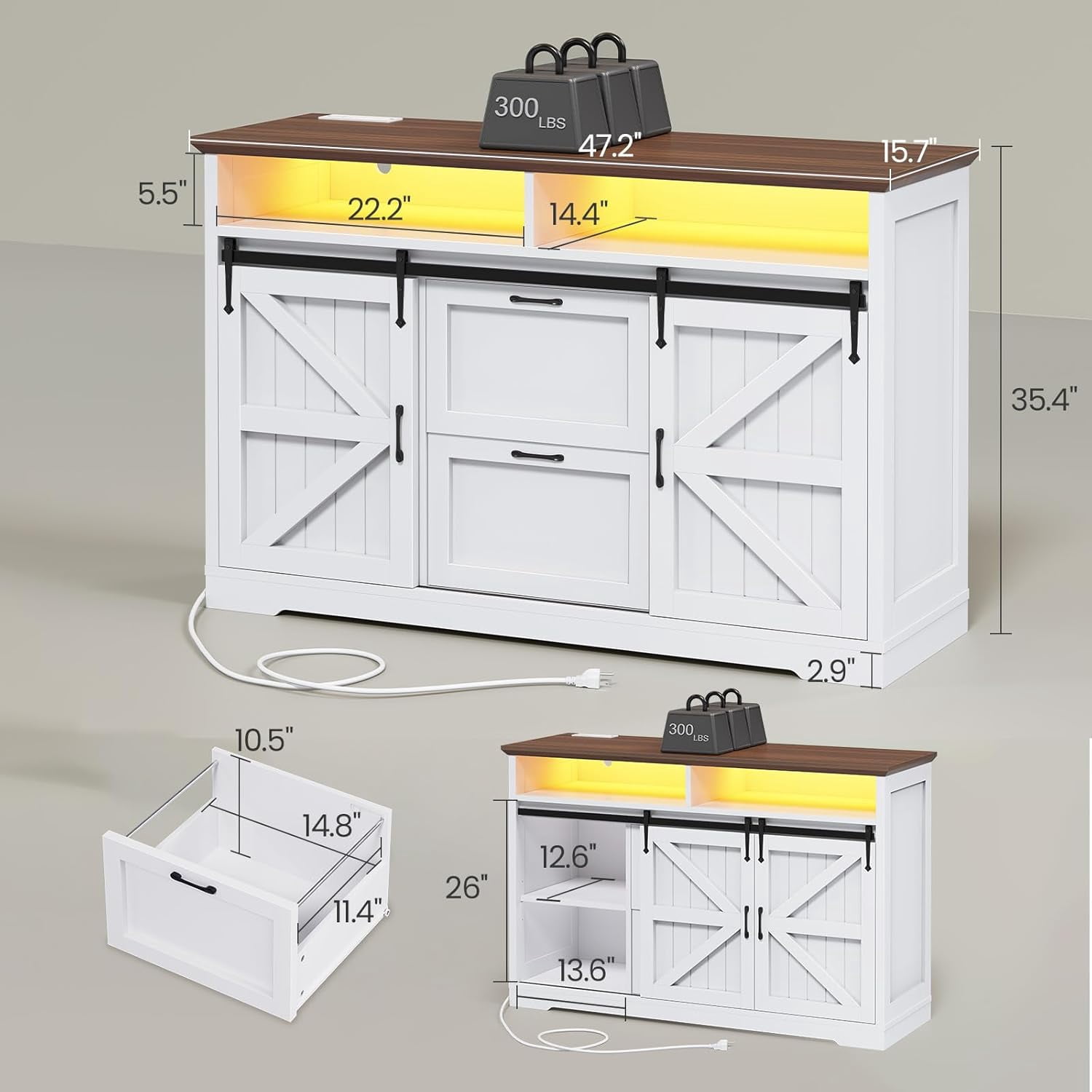 Farmhouse File Cabinet with 2 Drawers, 47" Horizontal filing cabinet with LED Lights & Power Outlets for Office, Filing Cabinet with 2 Sliding Barn Doors, Large Storgae Cabinet for Home, White