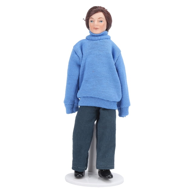 Figuras de hombre joven de casa de muñecas a escala 1:12, miniatura de porcelana con decoración de suéter azul