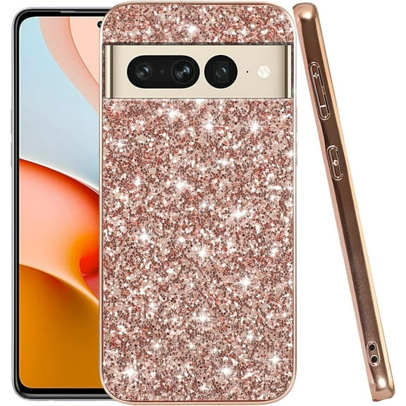 Compatible with Google Pixel 7 Pro Case, Glitter Sparkly Google Pixel 7 Pro Phone Case with Slim Silicone Shockproof Protective Bumper Cover for Cute Girls Women (Rose Gold)