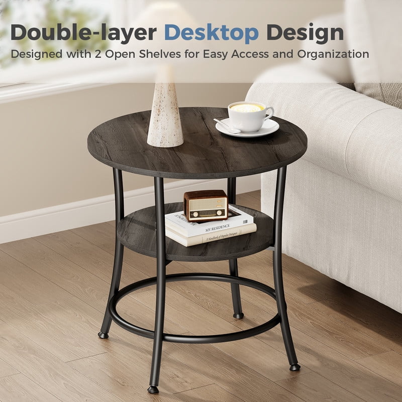 Gianna 2-Tier Round Side Table，Space-Saving End Table for Small Living Room & Bedroom，Wood Grain Gray