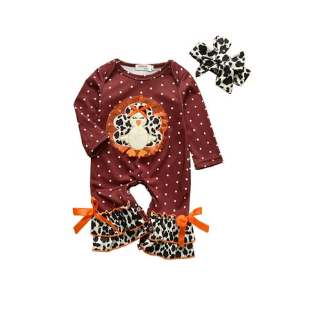 

Cathery Newborn Infant Baby Girls Thanksgiving Romper Clothes Long Sleeve Turkey Printed Jumpsuit + Bow Headband Autumn Outfits