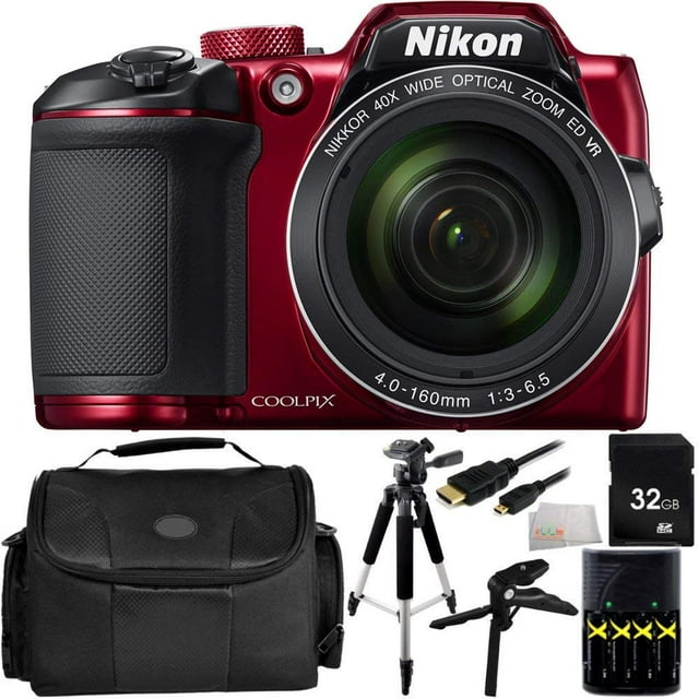 Nikon COOLPIX B500 Digital Camera (Red) - International Version (No Warranty) 32GB 6PC Bundle Includes 32GB Memory Card + AA Batteries and Charger + Micro HDMI Cable + + 57 Inch Tripod + Pistol Grip/T