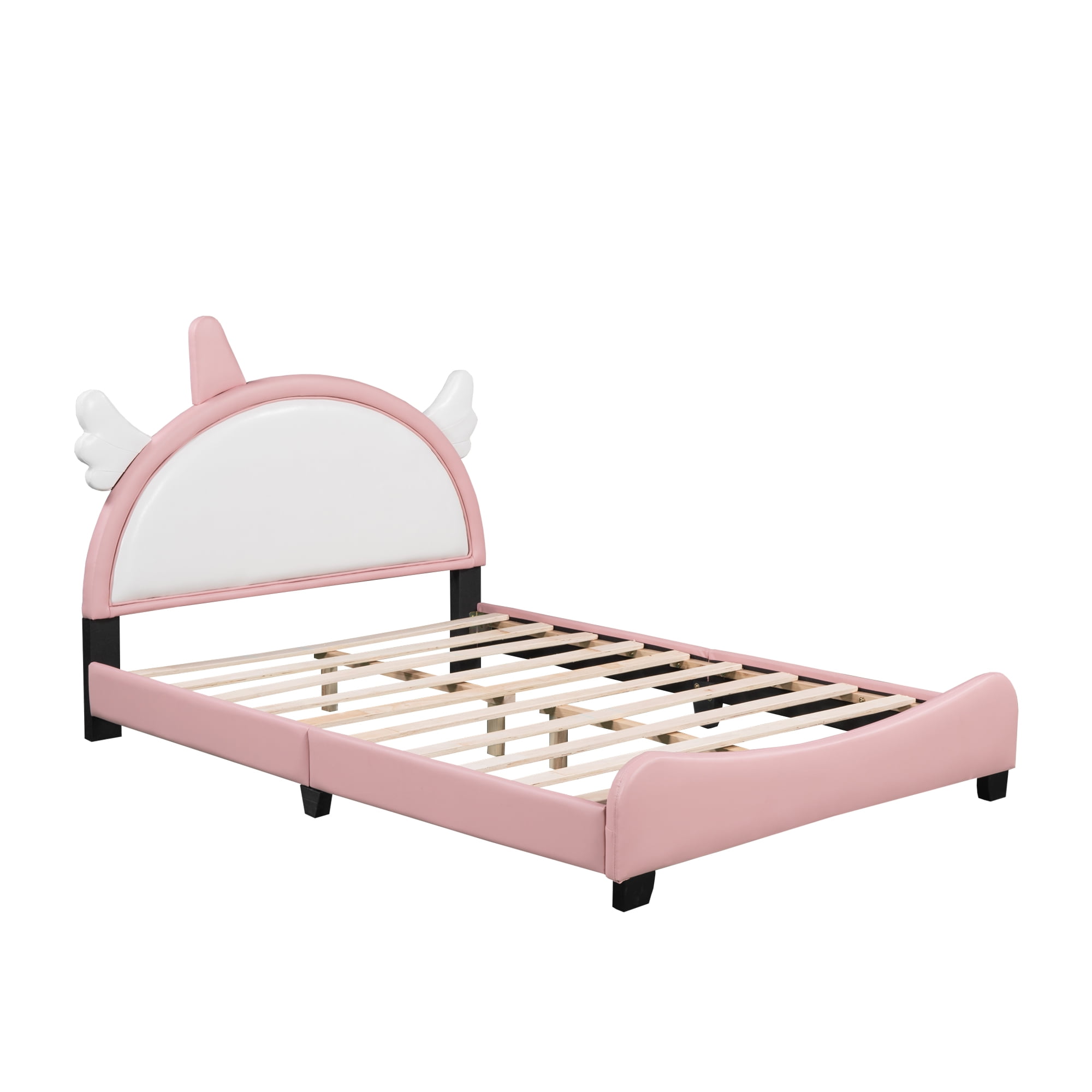 DEALTOPS Full Size Upholstered Bed with Unicorn Shape Headboard, Cute Platform Bed for Kids Teen, Pink