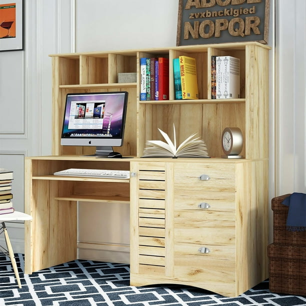Aukfa 59" Home Office Computer Desk with Hutch, 3 Drawers, Keyboard Tray, Oak Color